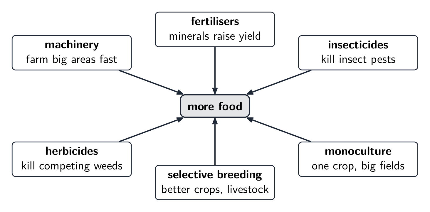 Six ways to grow more food, each pointing into "more food": machinery to farm big areas fast, fertilisers whose minerals raise yield, insecticides against insect pests, herbicides against competing weeds, selective breeding for better crops and livestock, and monoculture of one crop over big fields