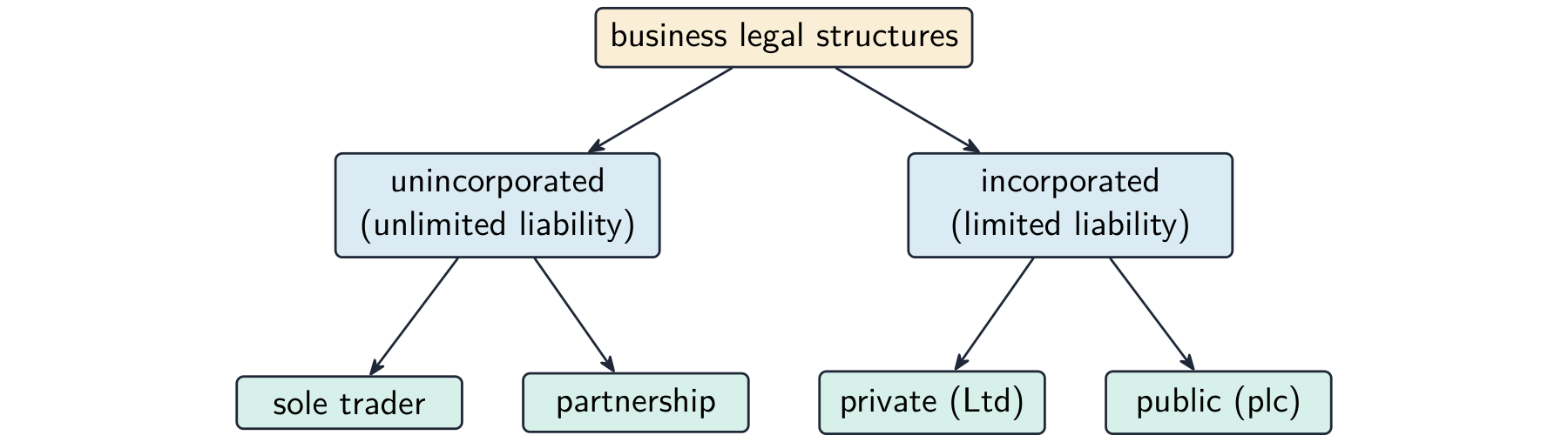 Tree classifying business types into unincorporated (sole trader, partnership) with unlimited liability and incorporated (private Ltd, public plc) with limited liability
