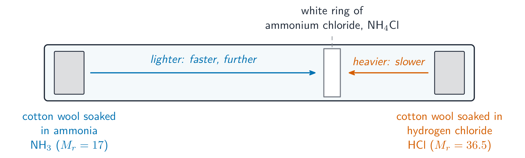 A long glass tube with ammonia diffusing in from the left and hydrogen chloride from the right; they meet to form a white ring closer to the hydrogen chloride end