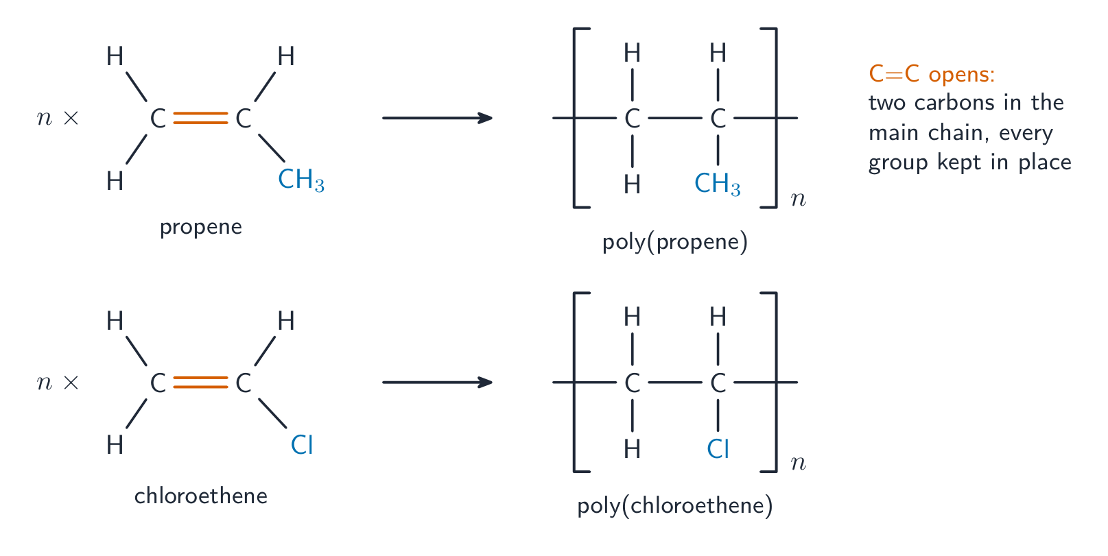 Propene, with H and H on one carbon and H and CH3 on the other, becomes the poly(propene) repeat unit: two carbons joined by a single bond in brackets, with the same H, H, H and CH3 groups, and bonds out through the brackets. Chloroethene, with a Cl instead of the CH3, becomes poly(chloroethene) in the same way