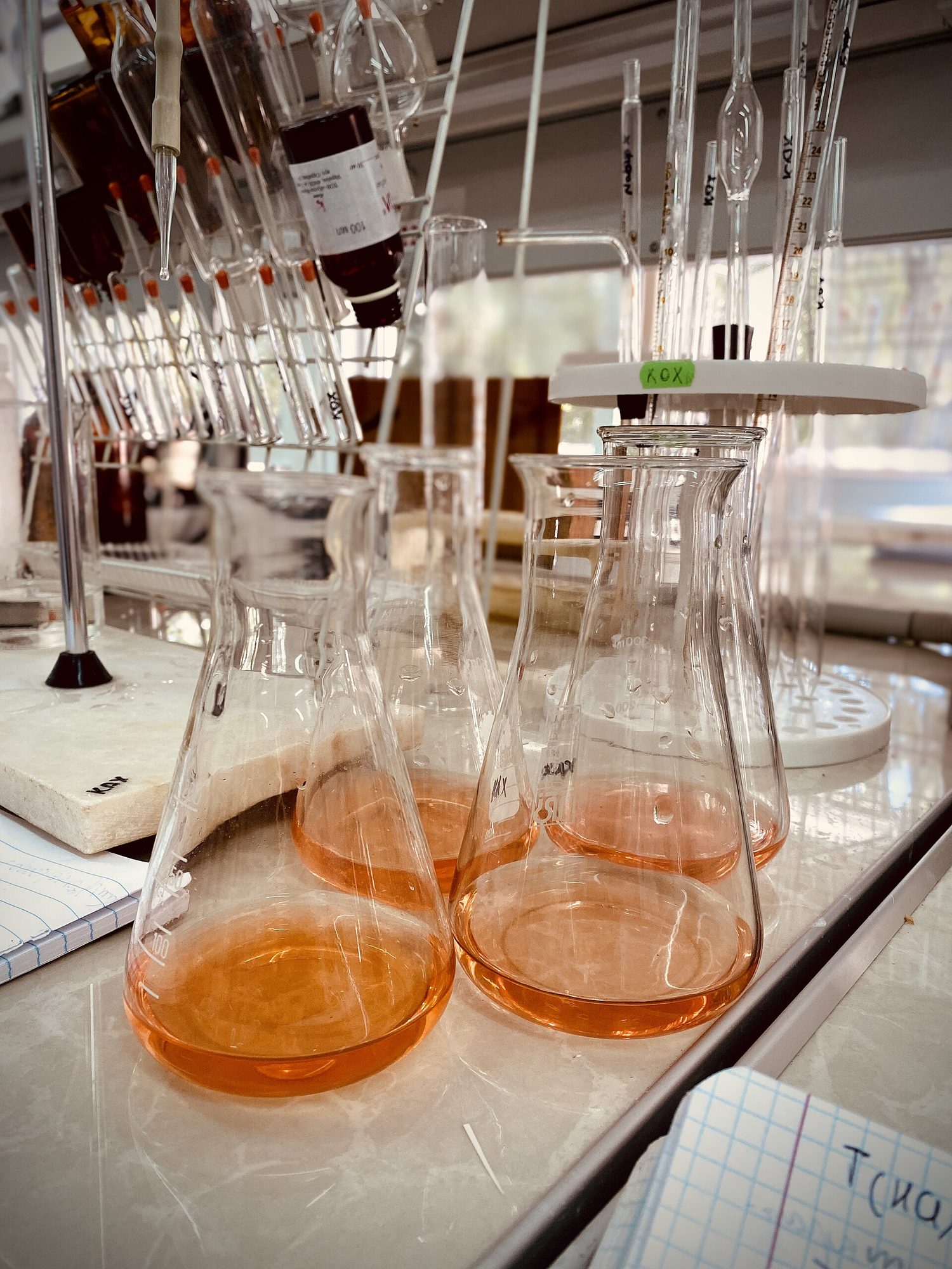 Solution is run from the burette into the flask until the indicator changes colour