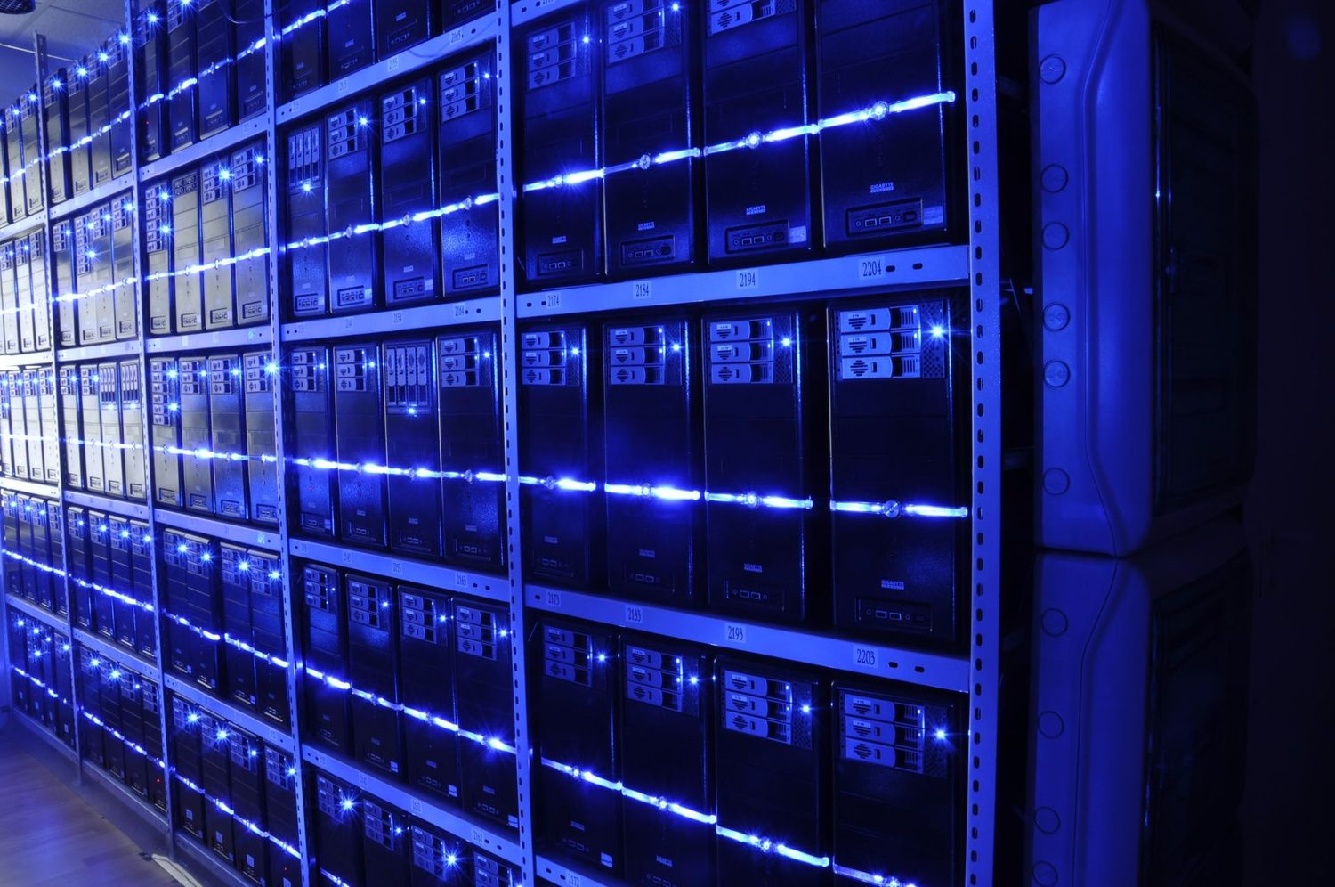 A data centre full of servers: powerful computers that store websites and send them to you