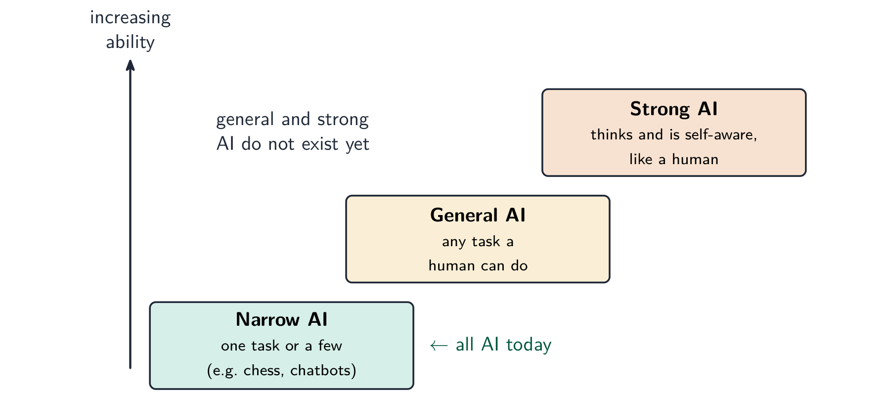 Narrow AI does one task (all AI today); general AI could do any human task; strong AI would be self-aware — neither exists yet.