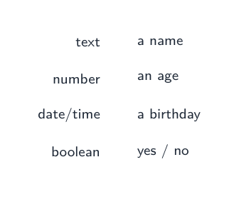 Field types: text, number, date/time and boolean