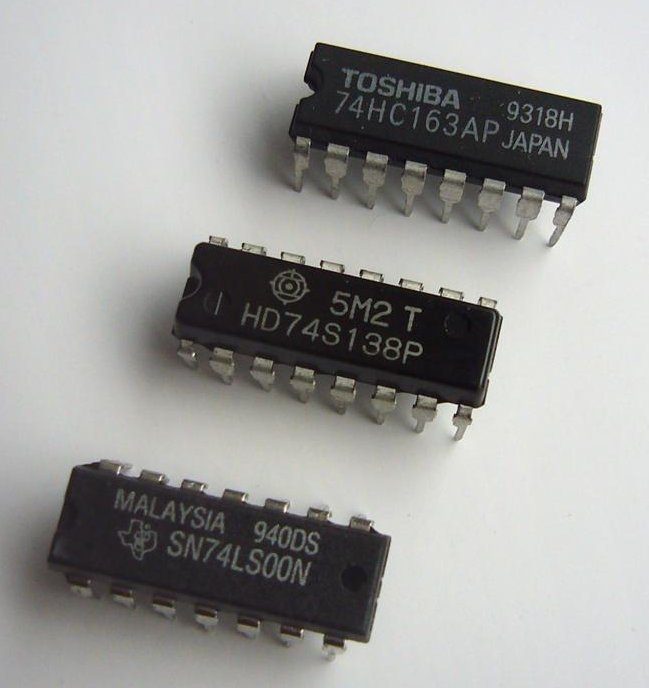 A real logic chip: inside are logic gates like the ones on this page