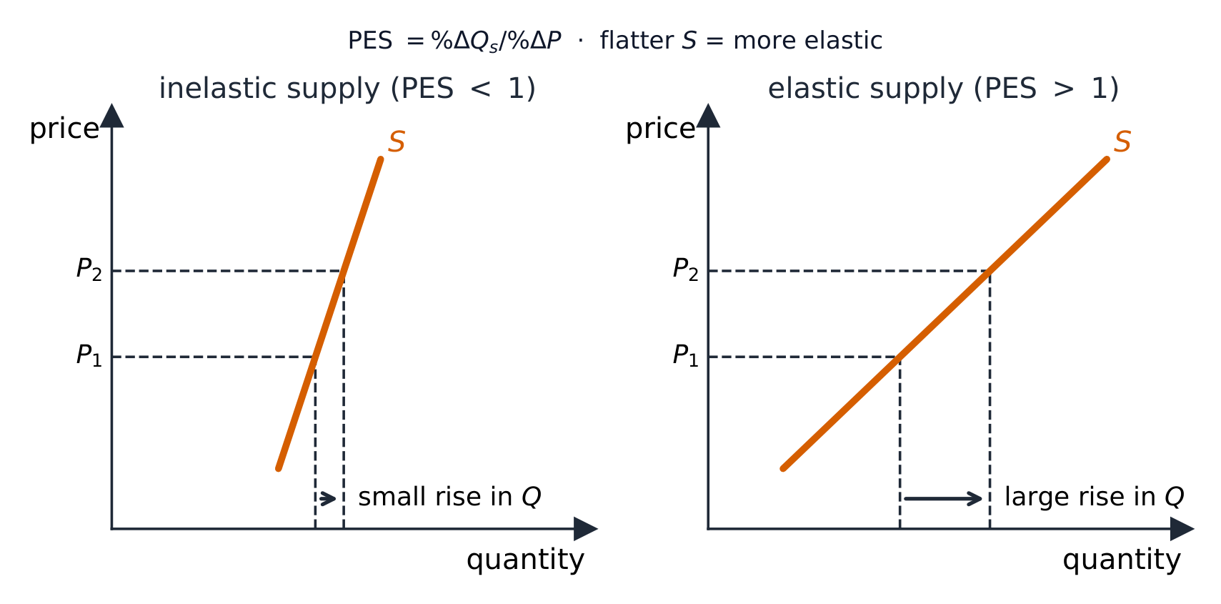Two supply diagrams: the same price rise brings a small rise in quantity when supply is inelastic and a large rise when supply is elastic