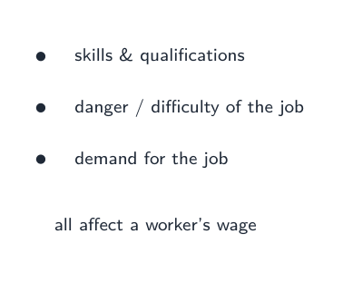 A worker's wage depends on their skills, the danger or difficulty of the job, and demand