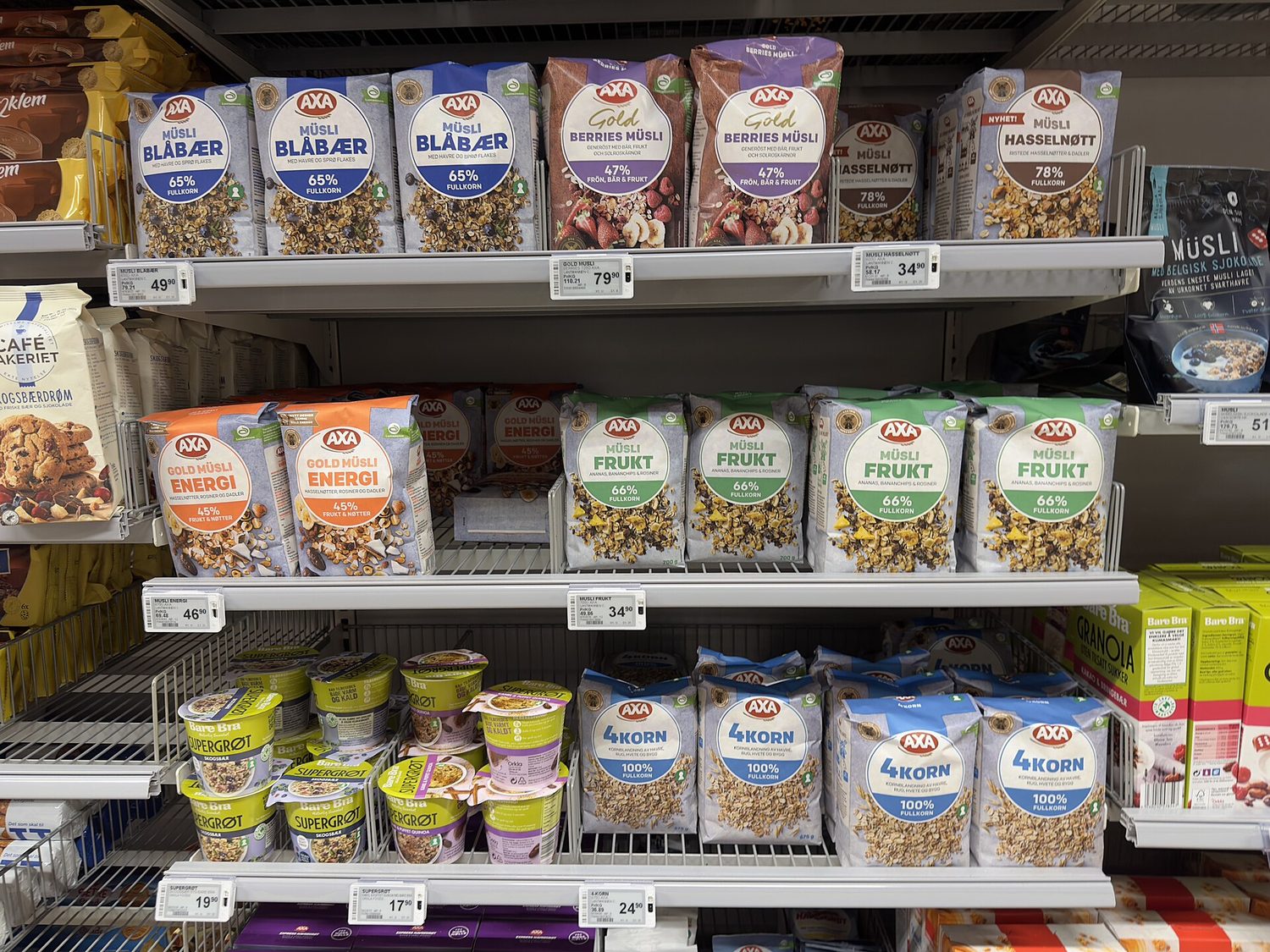 A long supermarket aisle lined on both sides with shelves of packaged groceries