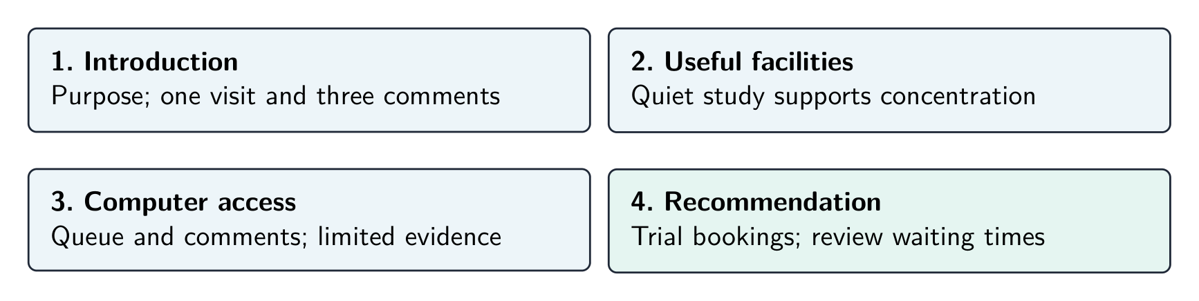 The shape of a report: facts under clear headings, recommendations at the end