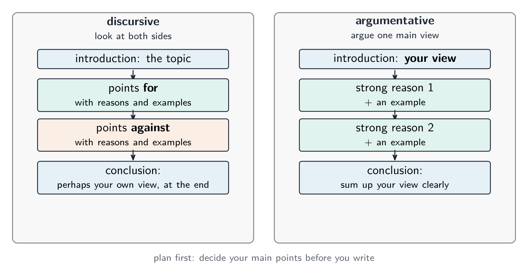 Two essay shapes: discursive weighs both sides; argumentative argues one view