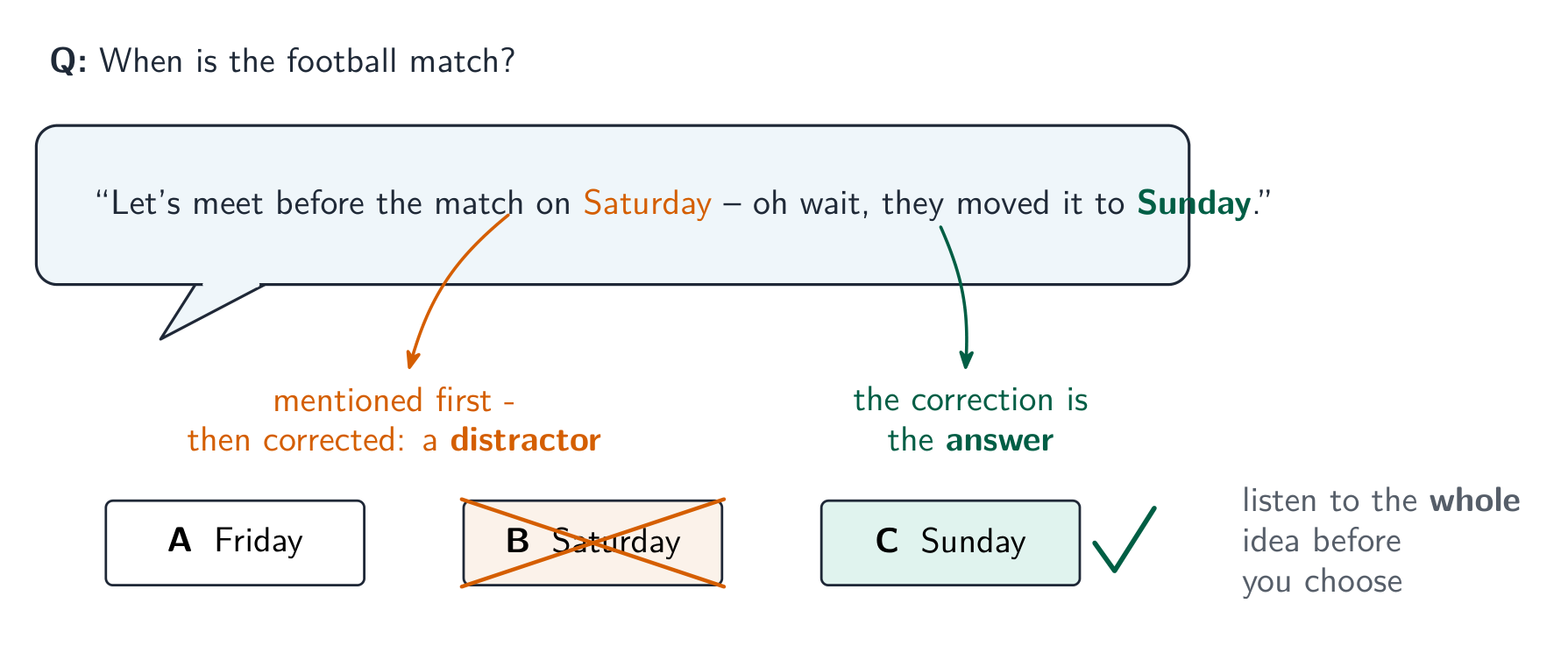 A distractor is mentioned first, then corrected- the correction is the answer