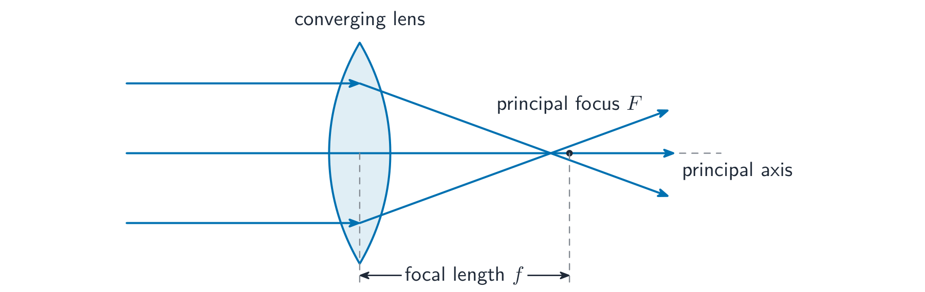 Parallel rays passing through a converging lens and meeting at the principal focus