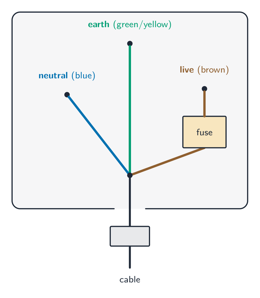 A wired three-pin plug with the earth wire green/yellow at the top, the neutral wire blue on the left, and the live wire brown on the right with the fuse fitted in it