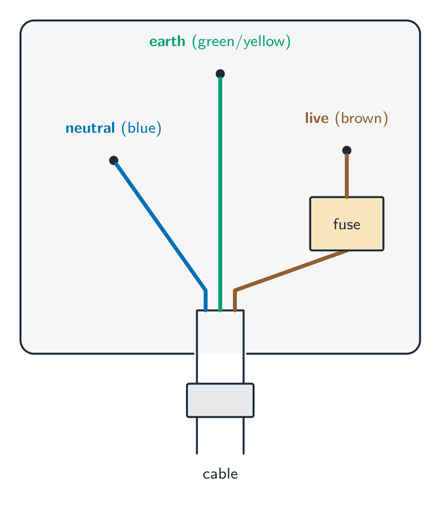 A wired three-pin plug with the earth wire green/yellow at the top, the neutral wire blue on the left, and the live wire brown on the right with the fuse fitted in it