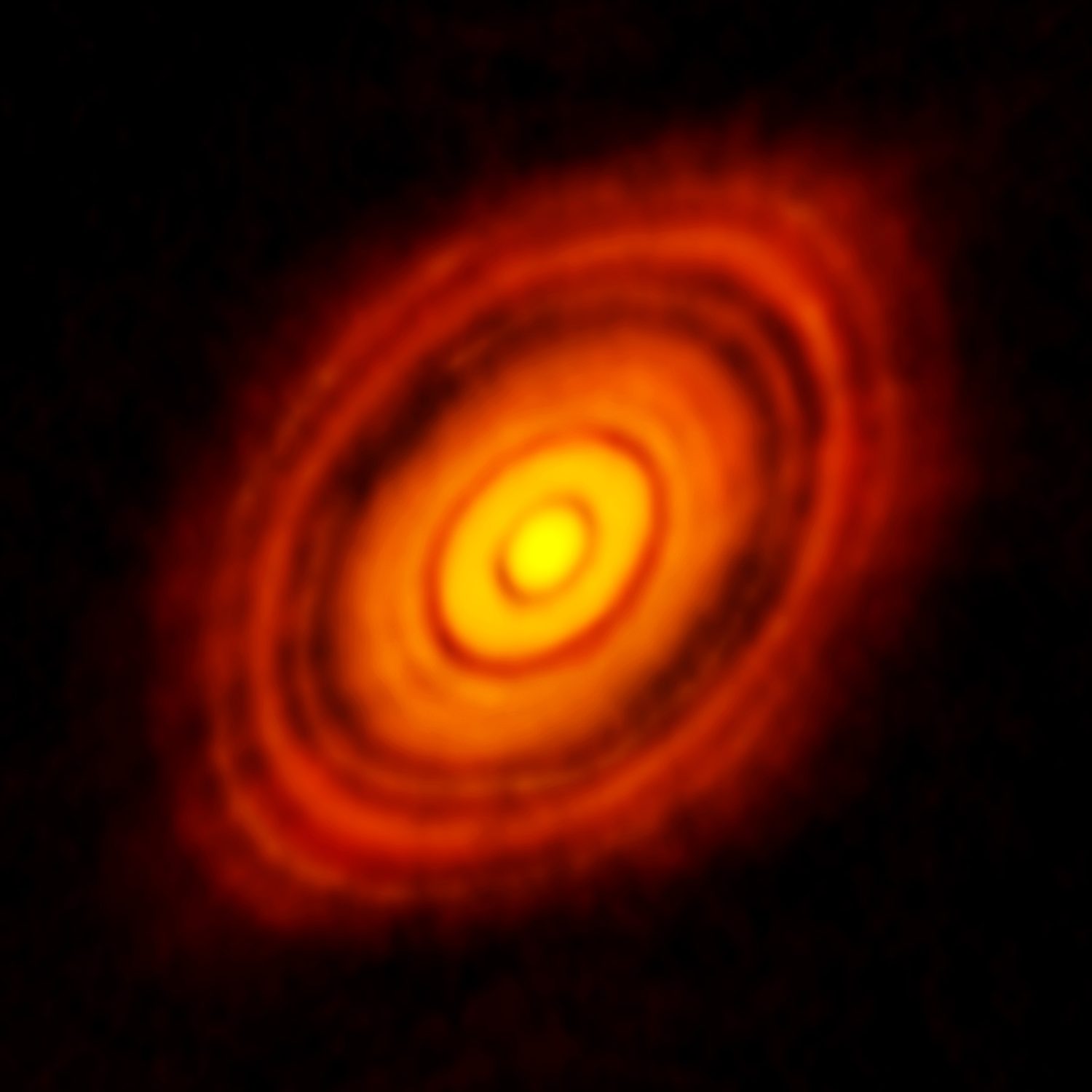 A glowing orange disc of dust around a young star, crossed by dark rings where planets are sweeping up material