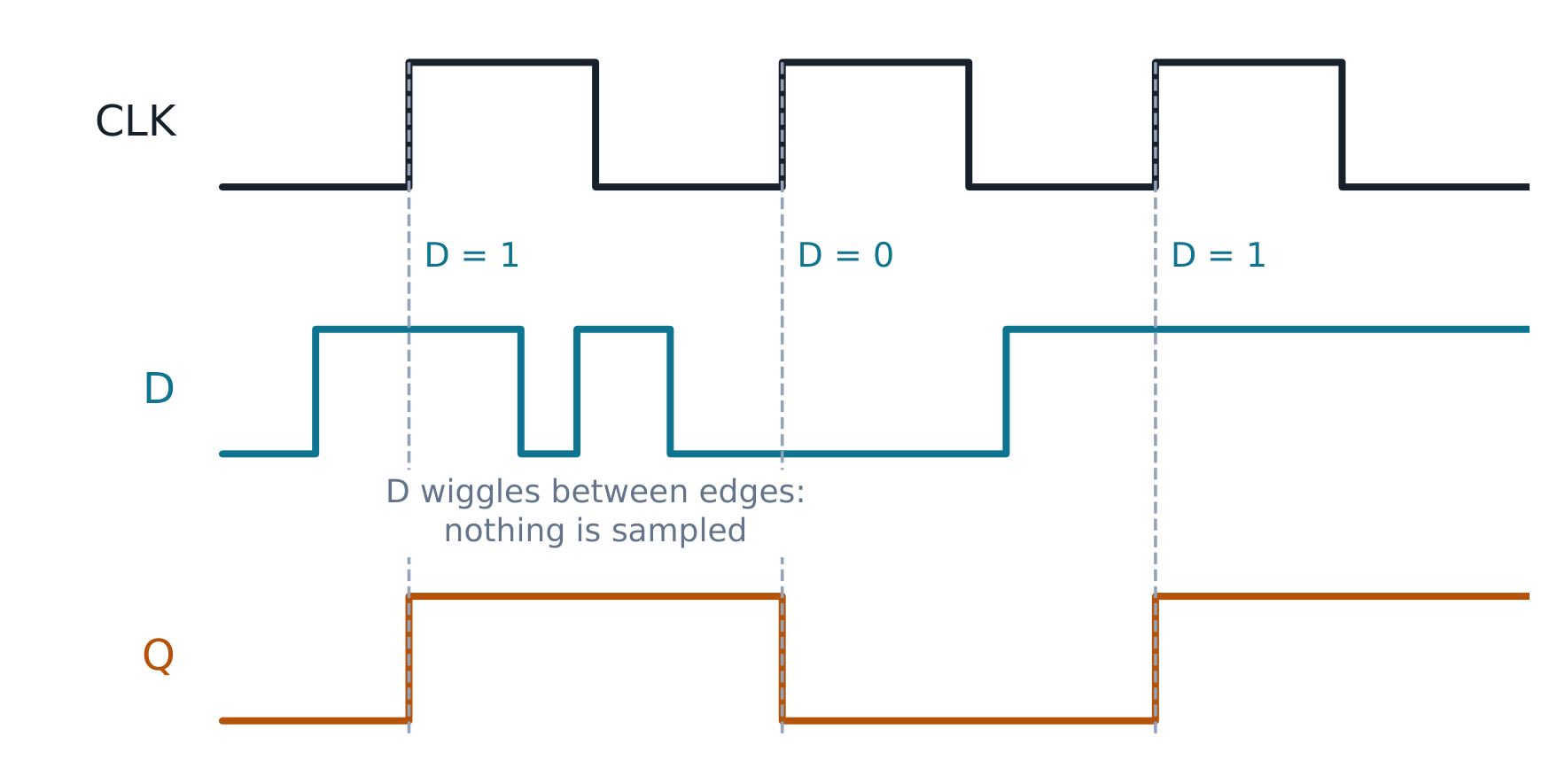Q copies D only at rising clock edges.