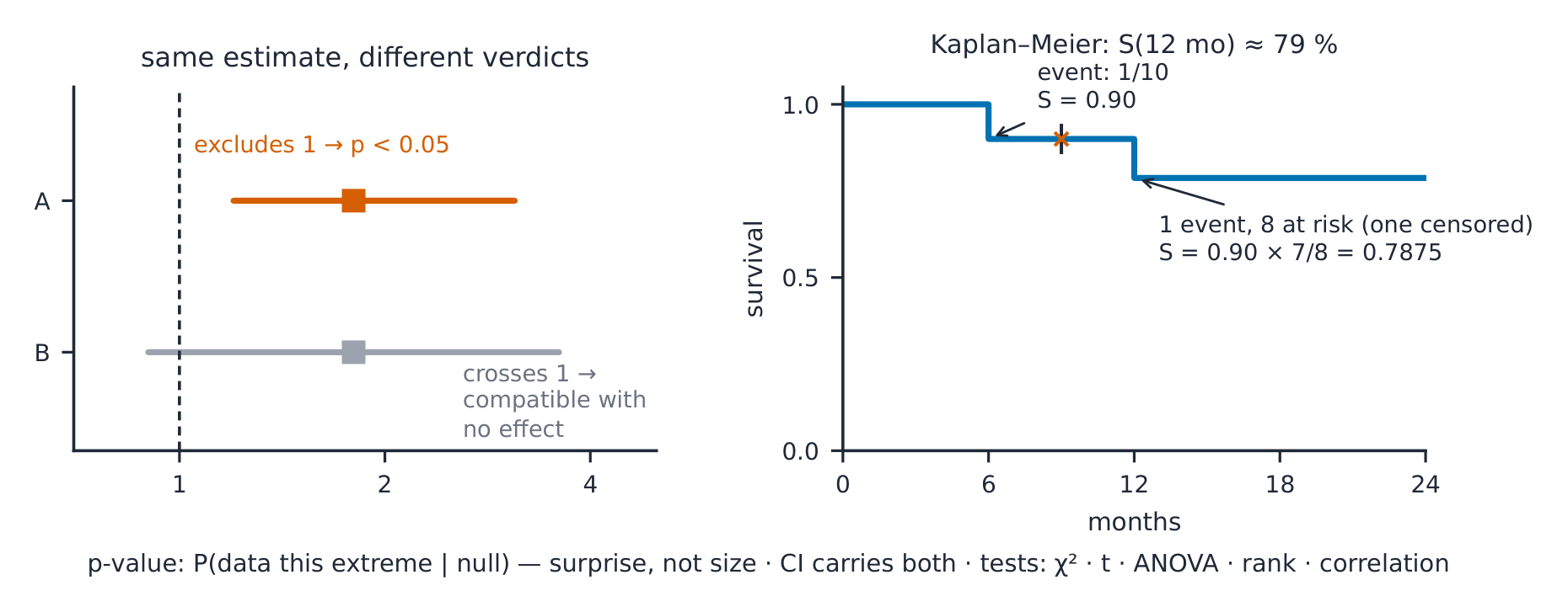 A forest plot of confidence intervals and a Kaplan–Meier curve