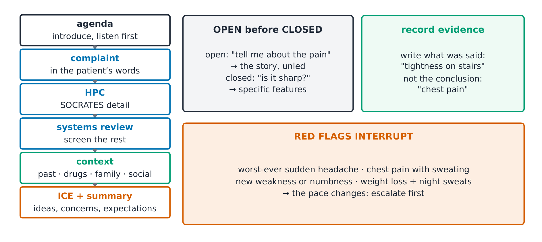 The history in order down the left; open questions before closed ones; red flags interrupt at any point