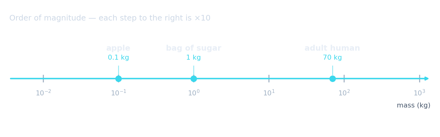 A number line of mass from 0.01 kg to 1000 kg, marking apple 0.1 kg, sugar 1 kg and adult human 70 kg