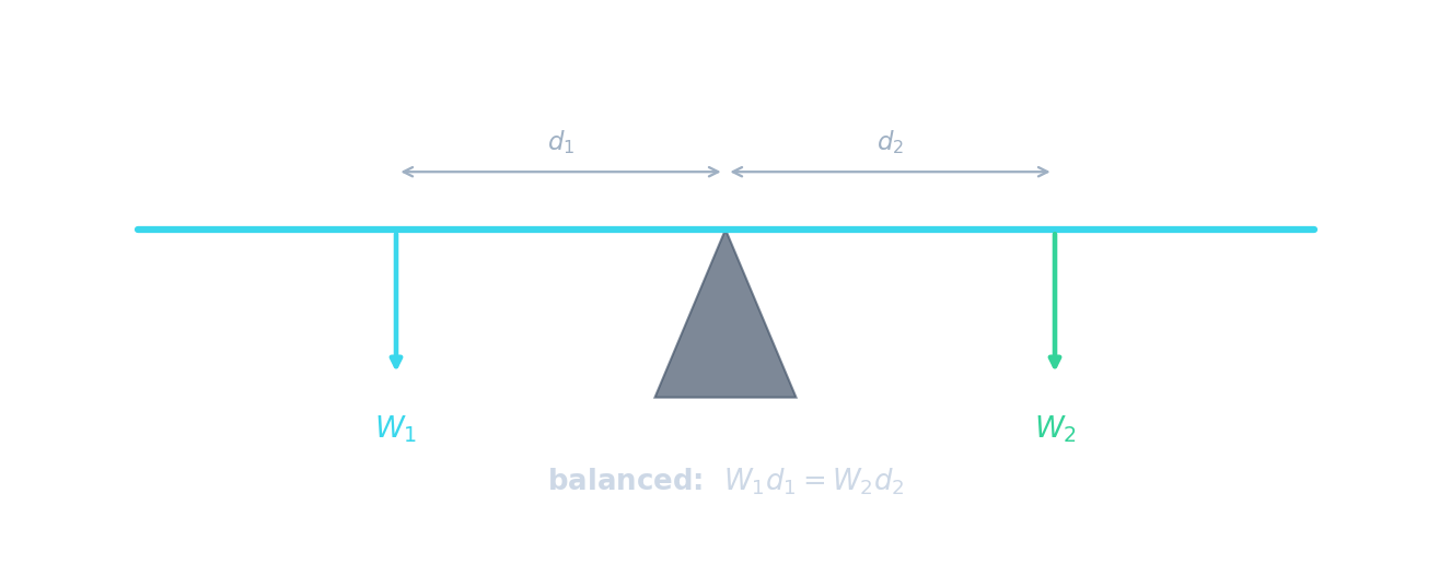 A rule balanced on a central pivot with a weight on each side; the left weight gives an anticlockwise moment and the right weight a clockwise moment, balanced when W1 d1 equals W2 d2