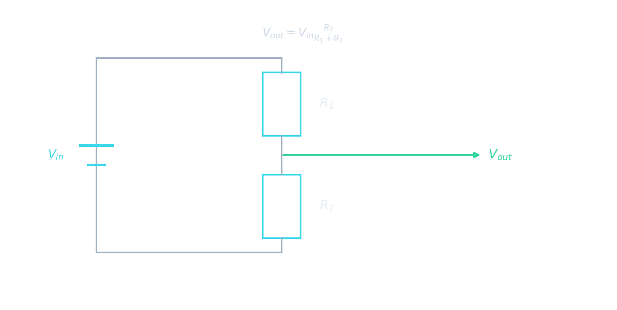 A potential divider: a supply across R1 and R2 in series, with the output voltage tapped across R2