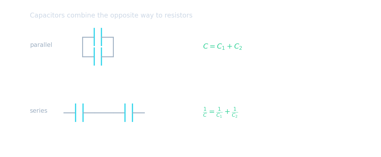 Two capacitors in parallel give C1 plus C2; two in series give the reciprocal rule