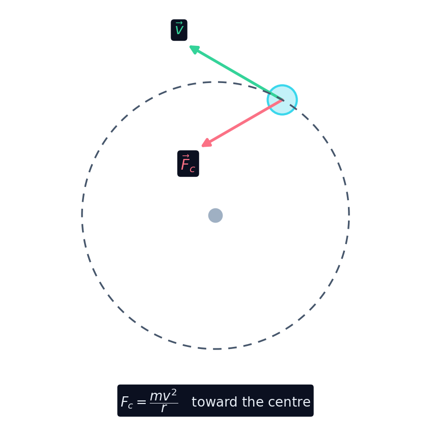 Uma bola em trajetória circular com velocidade tangente ao círculo e a força centrípeta apontando para o centro