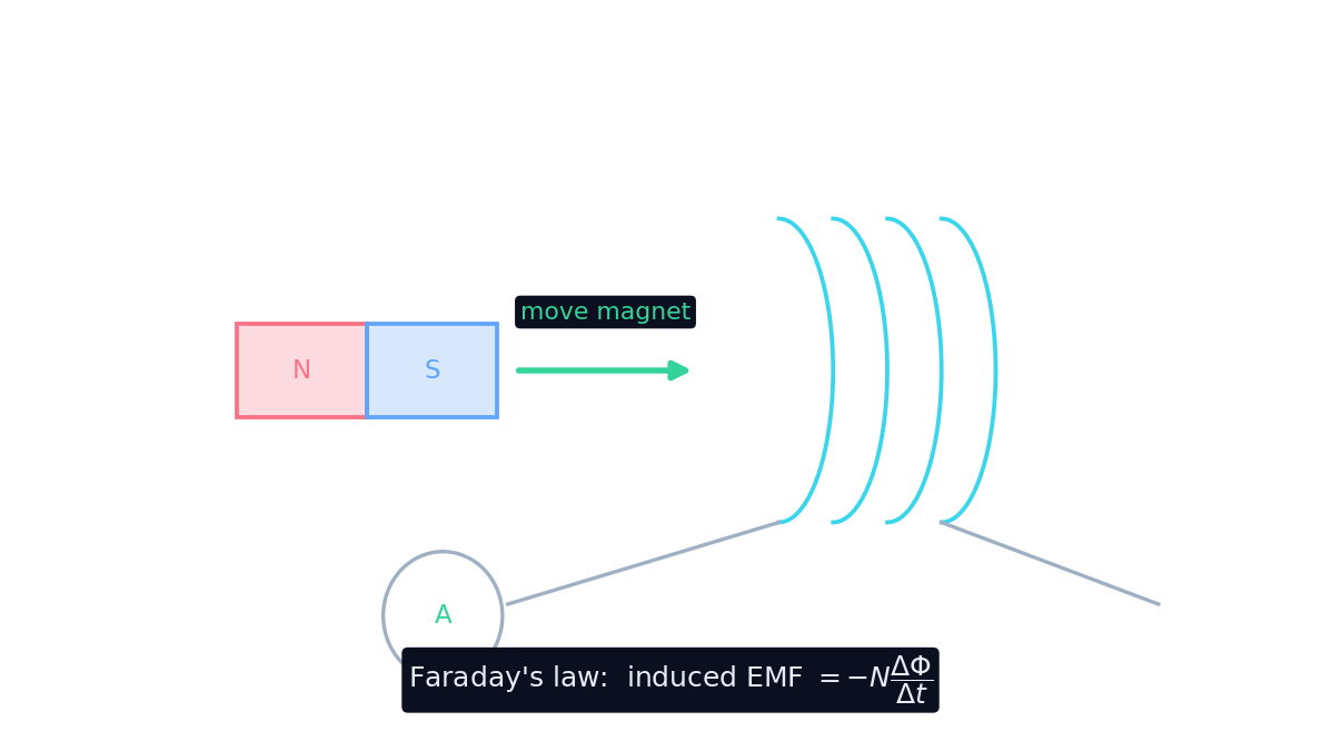 Moving a magnet into a coil changes the flux and induces a current, read by a meter (Faraday's law)