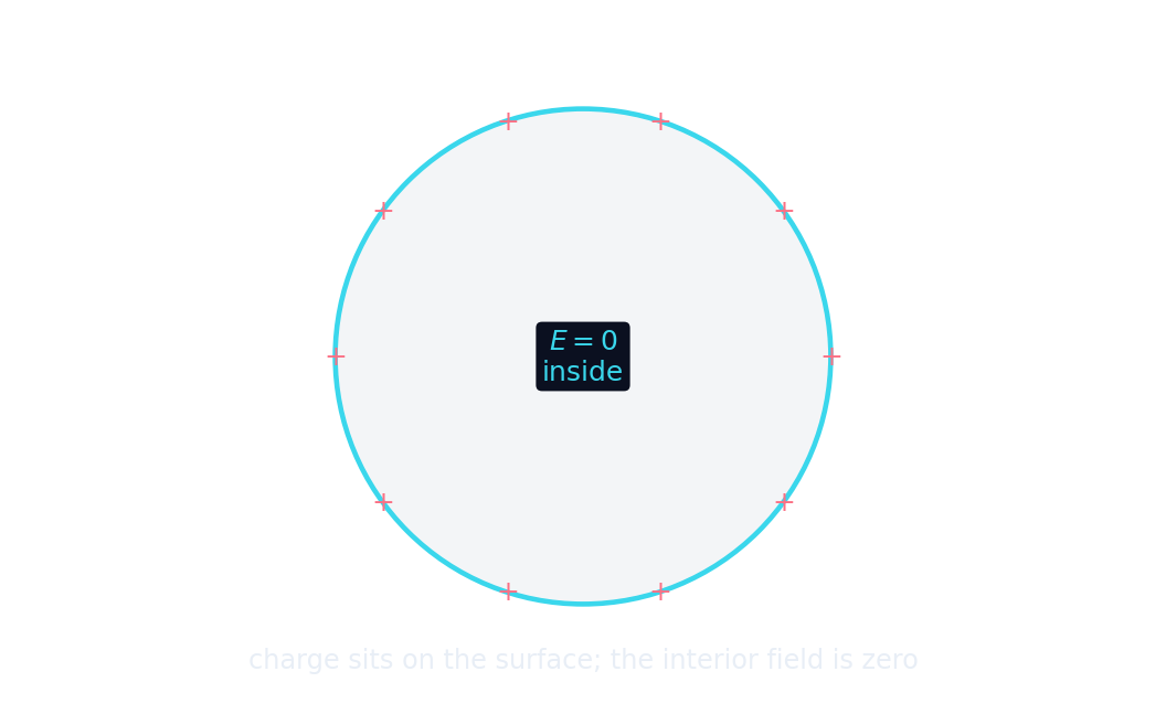 A charged conductor with all charge on its surface and zero field inside