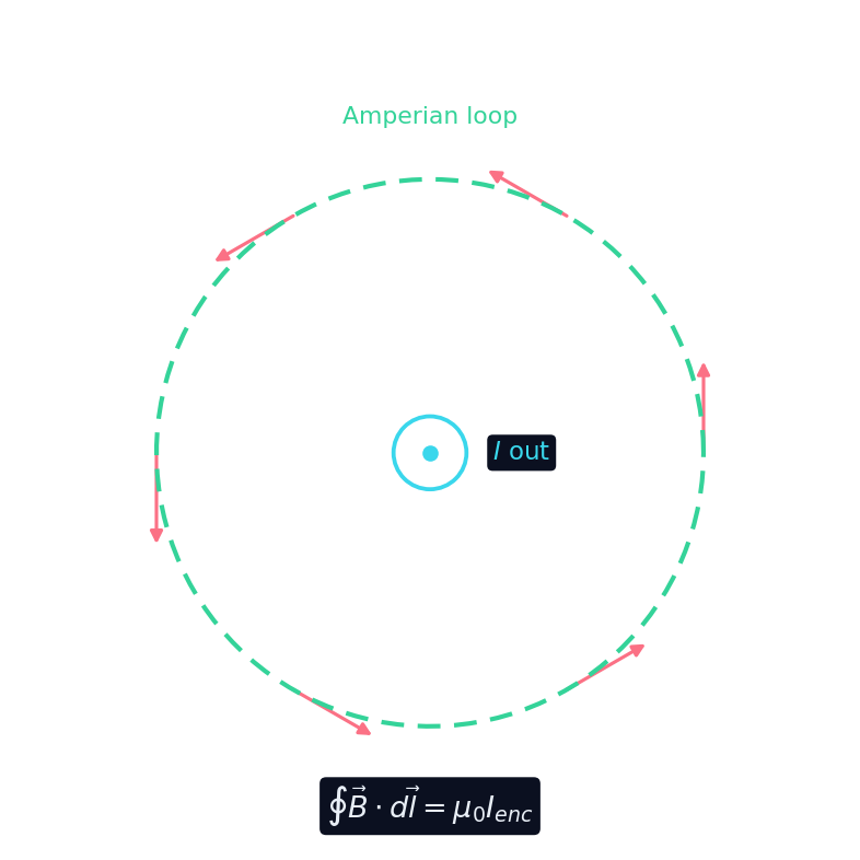 An Amperian loop around a wire; the field integrated around it equals μ₀ times the enclosed current