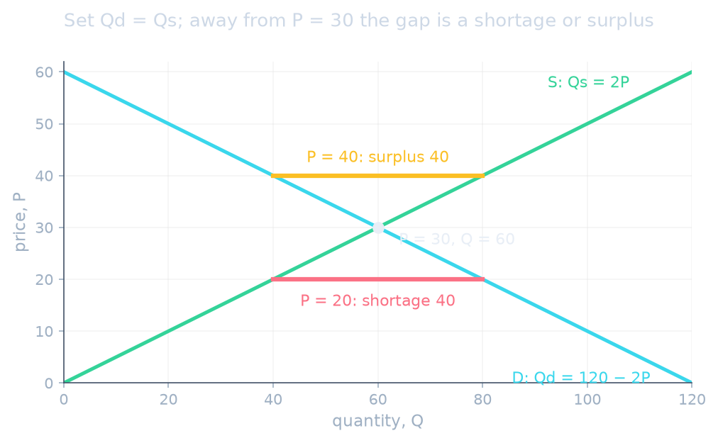 Supply and demand cross at P 30, Q 60, with a shortage of 40 at P 20 and a surplus of 40 at P 40
