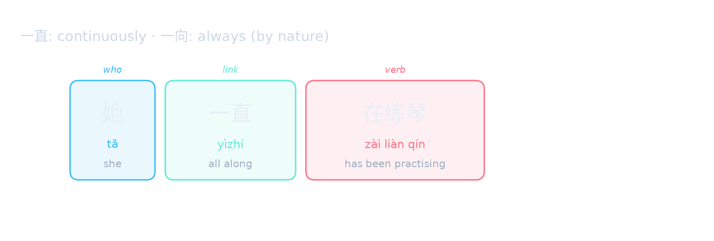 一直: continuously · 一向: always (by nature)
