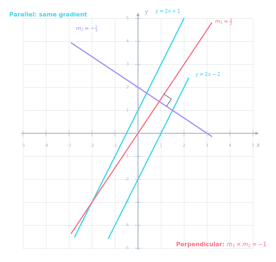 Two sets of lines on a coordinate grid: parallel lines y = 2x + 1 and y = 2x − 2 (cyan, same gradient) alongside perpendicular lines with gradients 3/2 and −2/3 meeting at a right angle (rose and violet, with a right-angle marker)