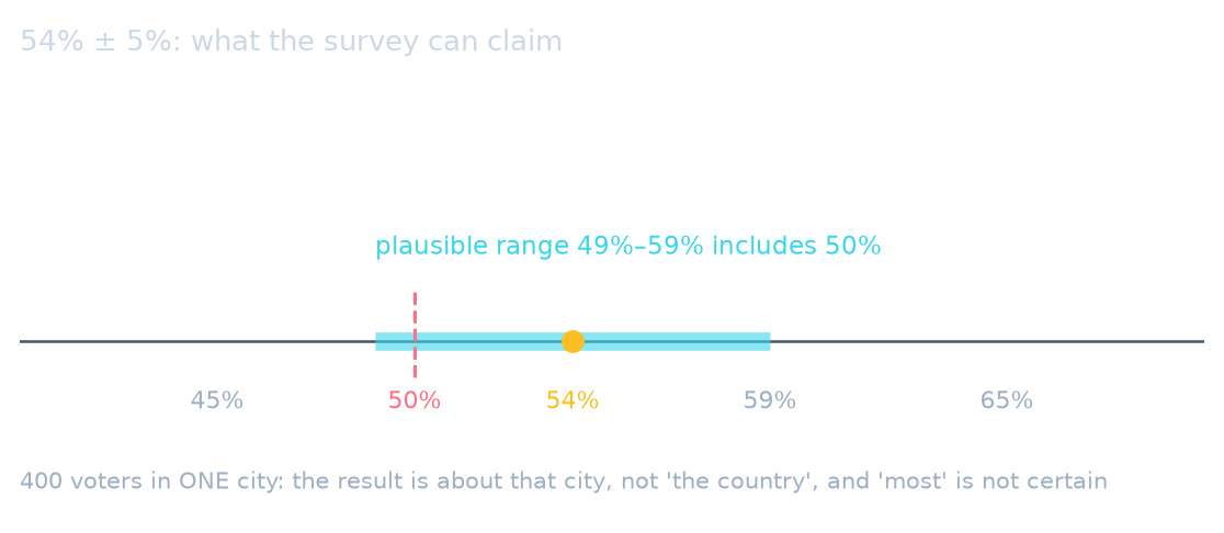 54% ± 5% gives a range of 49% to 59%, which includes 50%